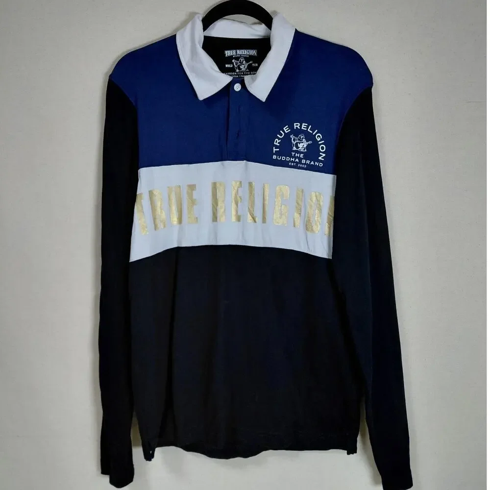 Vintage True Religion Brand Colorblock Long Sleeve Polo Shirt Blue Size S/P
